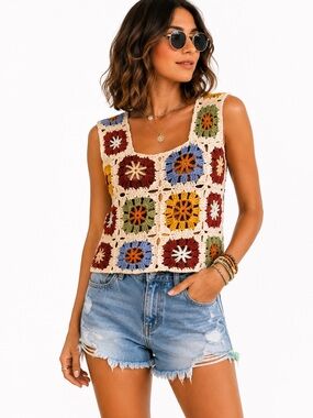 Handmade Crochet Granny Square Tank Top Boho Festival Colorful Retro Cottagecore